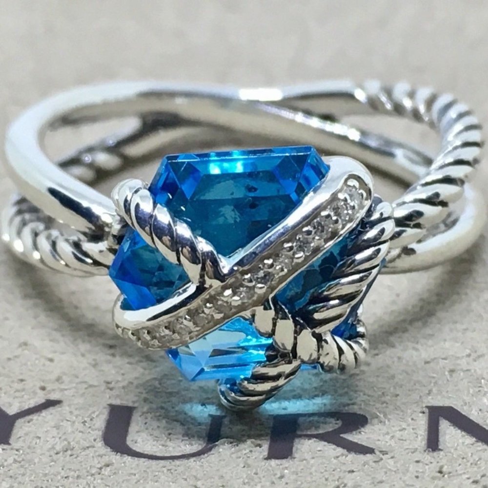 David Yurman Sterling Silver Cable Wrap Blue Topaz Diamond Ring Size 7